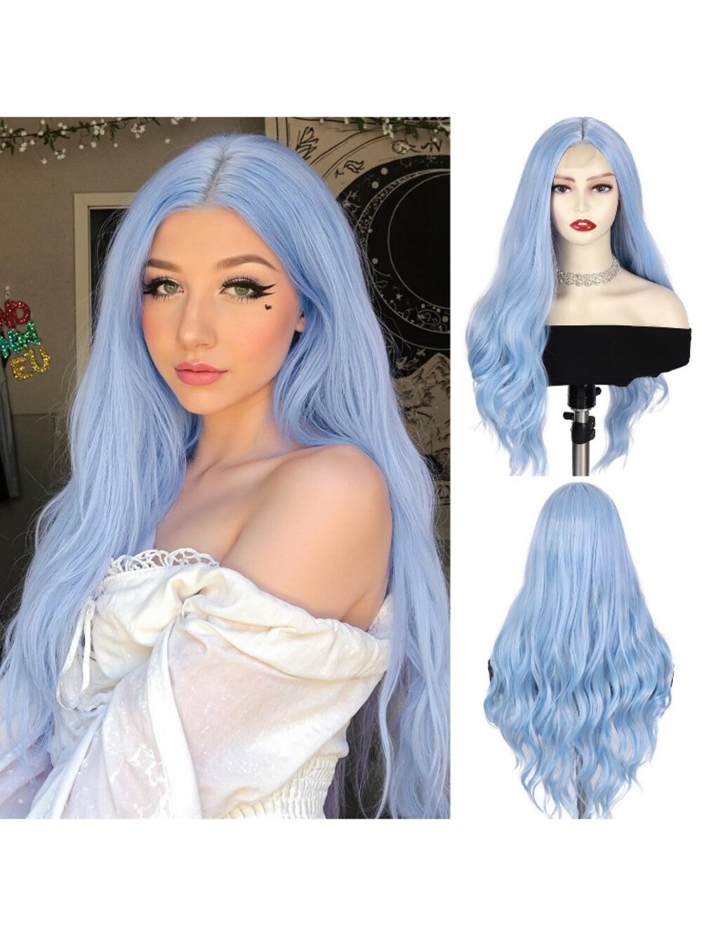 28Inch Women's Fashion Light Blue Soft Long Synthetic Wavy Curly Wig with Bangs